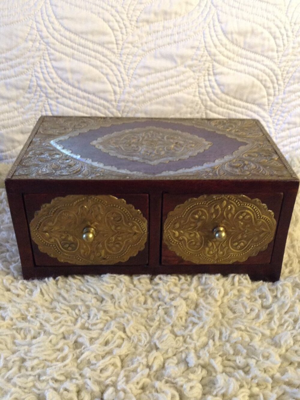 VTG '70-90's Jewelry Box wooden Boho Brass Embossed Embellishments 2 drawer
